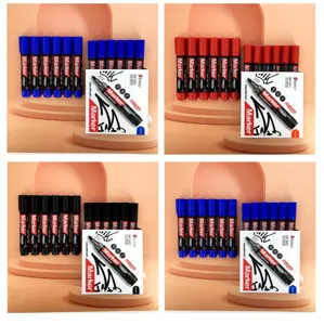 Detailed view of styno waterproof permanent markers in red, blue, and black 12-piece bulk packs