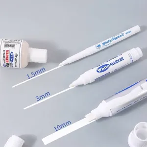 Set of 3 waterproof white markers and ink bottle, tips 1.5mm, 3mm, 10mm for various surfaces.