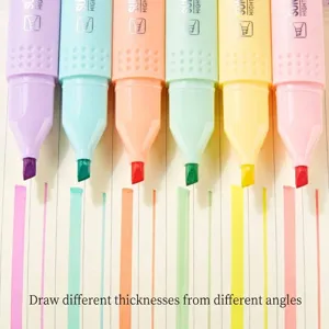 6-color set of pastel mild highlighters with chisel tips showing vibrant ink strokes on paper