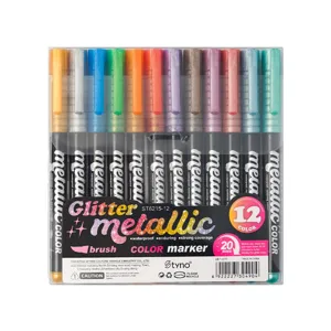 12-color glitter metallic brush markers set with waterproof ink in a clear case