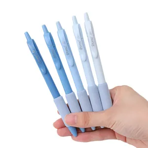 Set mit 5 blauen Druckkugelschreibern mit weichen Komfortgriffen für Schule oder Büro.