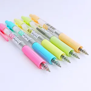 Vue détaillée de cinq stylos à bille rétractables colorés de 0,7 mm avec poignées souples