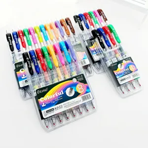 Detailed shot of colorful press gel ink pens set, smooth writing student stationery items.