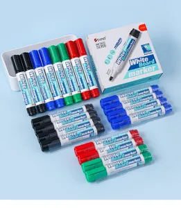 Primer plano de rotuladores para pizarra recargables de 3,0 mm en negro, azul, rojo y verde