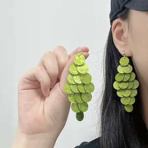 Lime green multi-disc dangle earrings, vibrant bohemian style statement jewelry for women