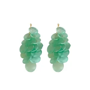Close-up of French style tassel earrings featuring layered translucent green discs