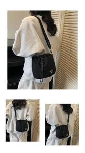 Gedetailleerde weergave van een zwarte casual nylon bucket bag met trekkoord vanuit meerdere hoeken