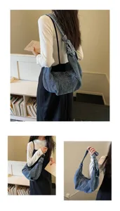 Stylish blue denim crescent hobo bag for women showcased in casual daily fashion outfits