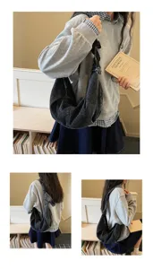 Detailed multiple views of a trendy large capacity black denim casual hobo shoulder bag