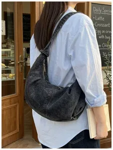 Large washed black denim hobo bag for casual daily wear and school