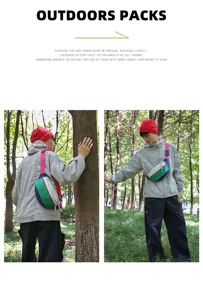 Outdoor lifestyle shot of a colorful crossbody waist bag worn by a male model in a forest.