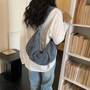 Women Large Capacity Denim Hobo Bag Japanese Lazy Style Knot Shoulder Bag Solid Color Croissant Bag For College Students