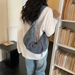 Casual large capacity denim hobo bag for students in a trendy Japanese lazy style