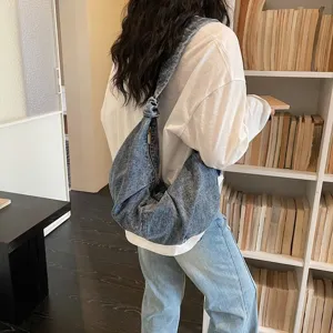 Large capacity denim shoulder bag for university students in a stylish lazy wash finish