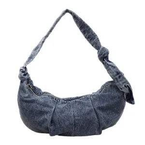 Large capacity blue denim crescent hobo shoulder bag featuring a unique pleated knot design