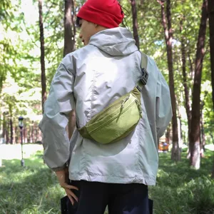 Unisex sporty lime green crossbody chest bag for outdoor cycling and hiking on model