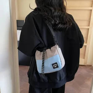 Japanse Stijl Nylon Schoudertas Mini Trekkoord Bucket Bag Dames Heren Streetwear Casual Patchwork Mobiele Telefoontas