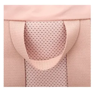 Close-up detail showing the breathable mesh back and durable handle of a pink nylon backpack