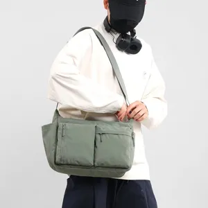 Large capacity Japanese casual green messenger bag with multi-pockets for sports