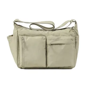 Casual Japanese style multi-pocket messenger bag in khaki durable nylon workwear design