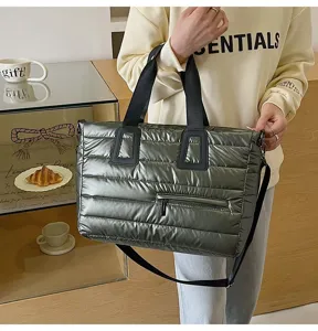 Metallic olive green quilted large capacity tote bag for women lifestyle detail view