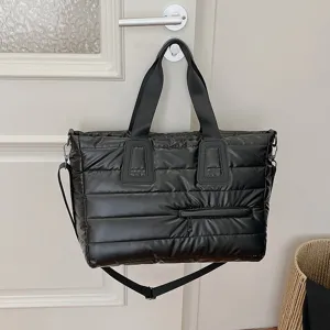 Women Fashion Quilted Puffer Tote Bag Large Capacity Nylon Shoulder Bag Metallic Handbag Crossbody Bag For Travel Daily Casual