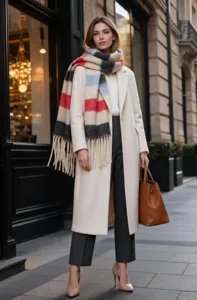 Dettaglio di sciarpa a righe in finto mohair con nappe sopra un cappotto invernale crema