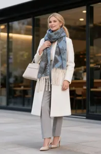 Detailed view of an ethnic jacquard faux mohair scarf with tassels on a female model.