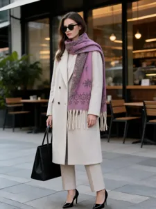Detailansicht eines lila Schals mit Schneeflocken-Jacquard und Fransen zum Wintermantel
