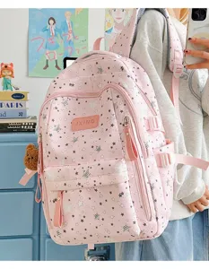 Dettaglio di uno zaino rosa con motivi a stella e un simpatico portachiavi a forma di orso.