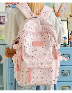 Dettaglio di uno zaino rosa per studenti con stelle e ciondolo a forma di orso.