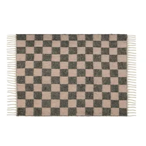 High-quality checkered faux mohair blanket featuring elegant white tassel fringe details