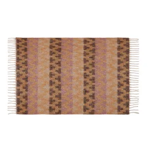 Detail view of an ethnic striped mohair-like throw blanket featuring soft fringed edges.
