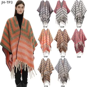 Thickened bouclé yarn striped fringe poncho shawls in multiple color variants