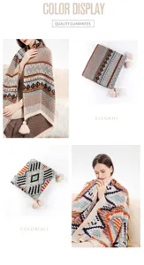 Detailed color display of Bohemian style knitted blankets featuring tassels and ethnic patterns.