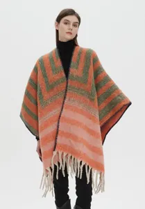 Elegant orange and forest green striped faux mohair boucle yarn poncho with fringe trim