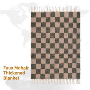 British Plaid Faux Mohair Blanket With Tassels Soft Warm Winter Checkered Shawl For Home Couch Sofa Travel Wrap Blanket