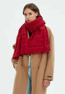Detailansicht eines roten Winterschals mit bunten Punkten, Fransenrand und weicher Textur