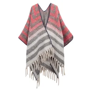 Elegant thick bouclé yarn faux mohair shawl featuring jacquard stripes and fringed hem design