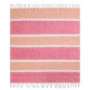 Detalle de manta de imitación de mohair a rayas rosas y naranjas con flecos