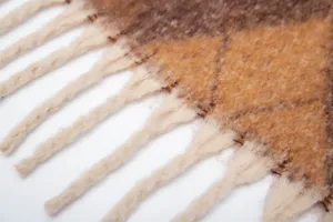 Primo piano di uno scialle in finto mohair con delle morbide nappe e motivo jacquard