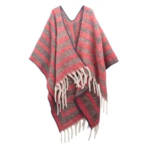 Cozy autumn winter faux mohair thick striped knit shawl poncho with elegant white tassels