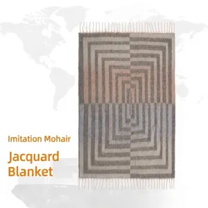Nordische Geometrische Farbblock Jacquard Wohndecke Für Sofa Bett Weich Warm Imitation Mohair Bouclé-Garn Schal Mit Quasten Für Zuhause Damen
