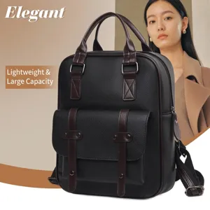 Vintage PU Leder Rucksack Für Damen Herren Wasserdicht Retro Schulrucksack Minimalistischer Farbblock Klappentasche Tagesrucksack Pendeln
