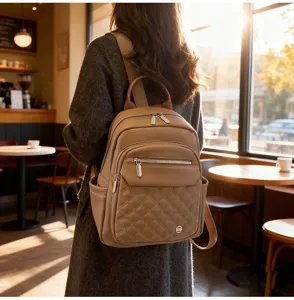 Detail showing the quilted design and back view of a stylish brown leather backpack