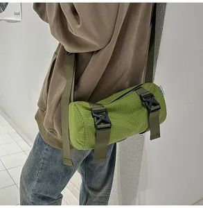 Outdoor casual green grid cylindrical crossbody bag for women in stylish workwear style
