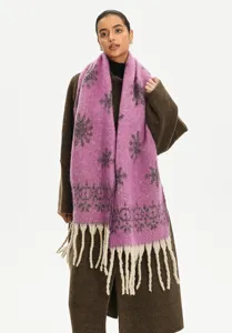Lila Mohair-ähnlicher Winterschal mit Schneeflockenmuster und langen Fransen-Details