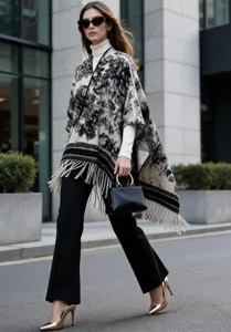 Poncho élégant à motif peinture à l'encre avec franges dans un décor urbain