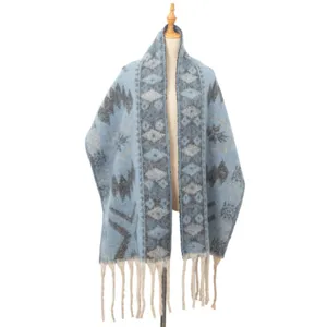 Premium blue faux mohair jacquard scarf featuring ethnic geometric patterns and tassels