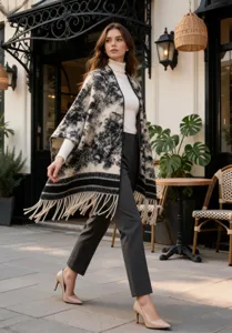 Châle poncho élégant à motif lavis d'encre avec franges dans un cadre de café extérieur